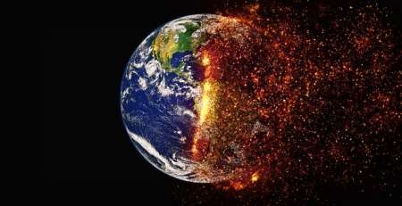 planet Earth graphic where half of the globe has been burnt to bits